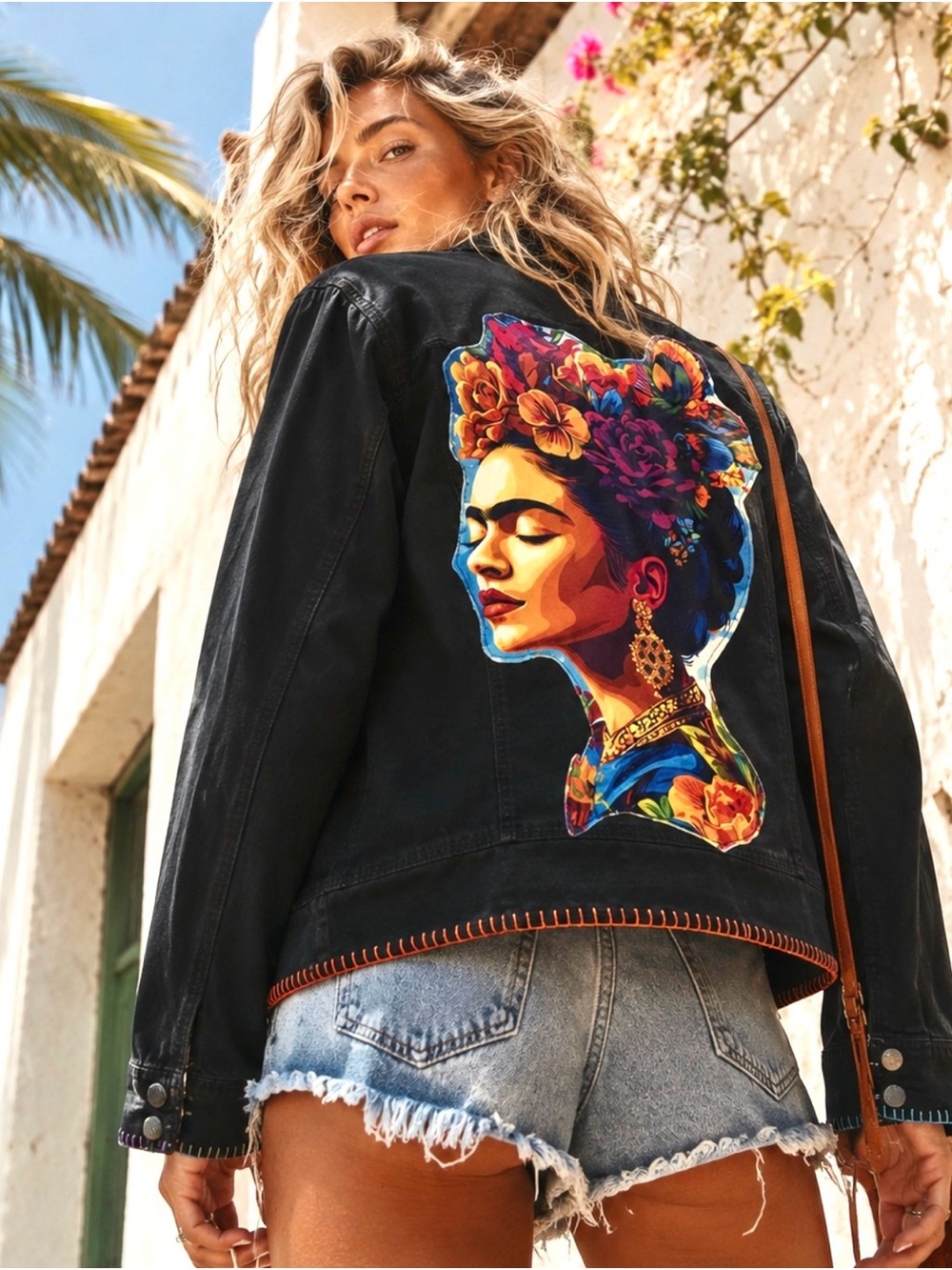 Upcycled Frida Kahlo Jacket Black Cotton Artisan Boho Pop Art Moto Zip S